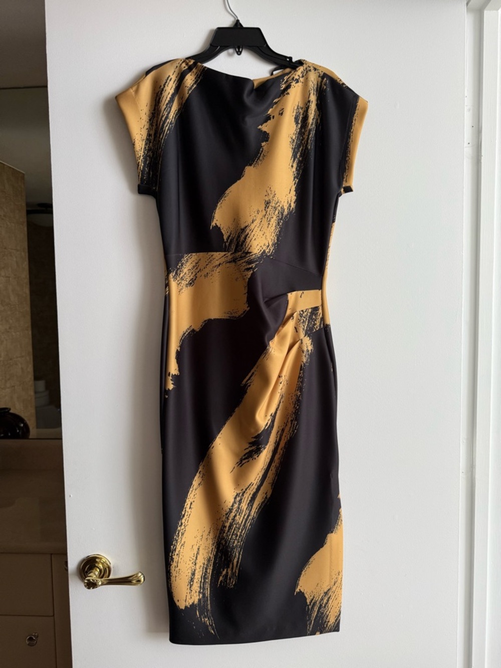 Donna Karan Black and Mustard Brushstroke Sheath Dress